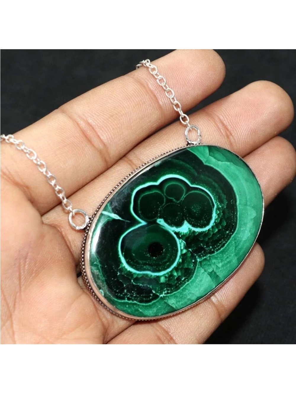 New! Chrysocolla Malachite 925 Stamped Oval Pendant Necklace